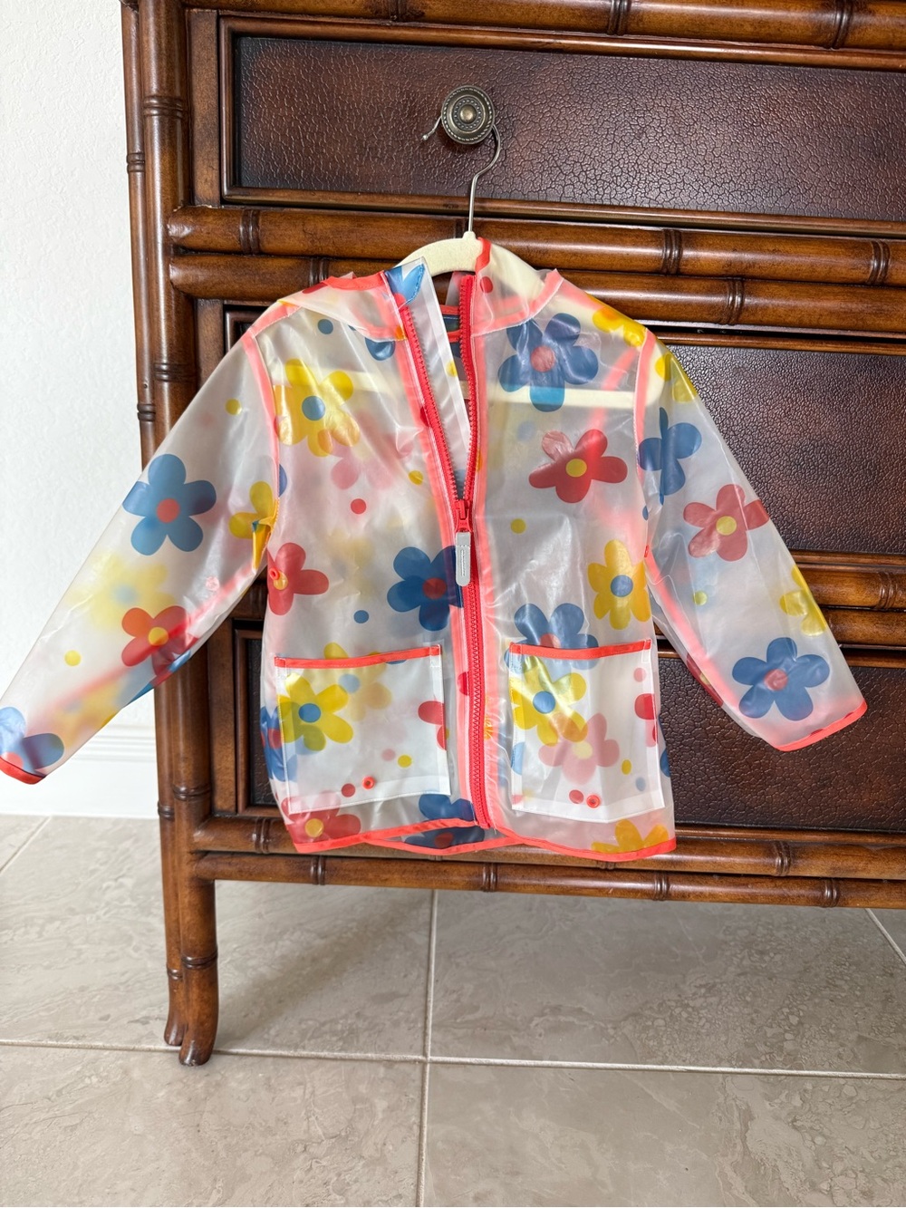 Kids Clear Floral Raincoat with Coral Trim
